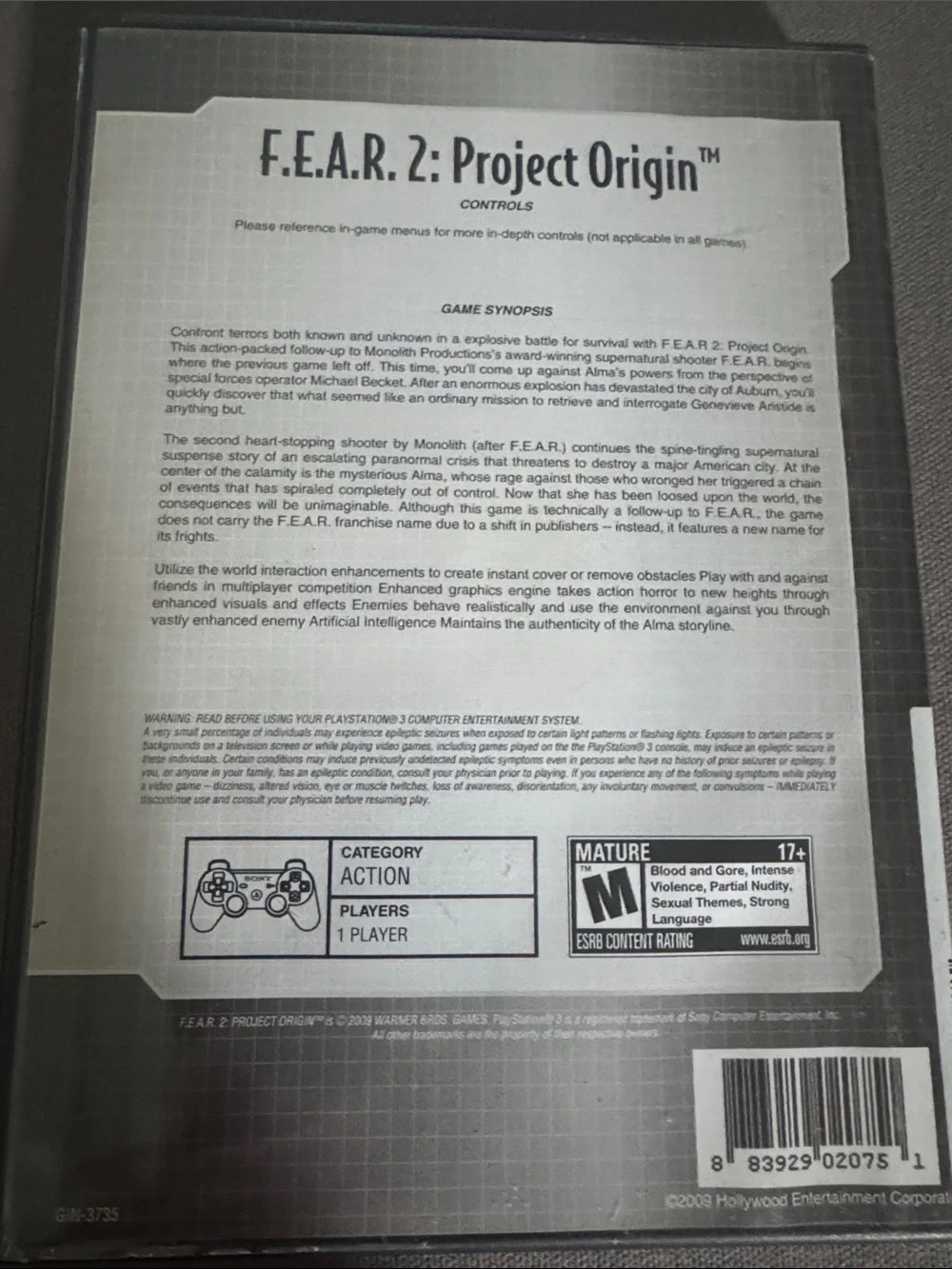Sony PS3 F.E.A.R. 2 Project Origin – Black & Orange Cover